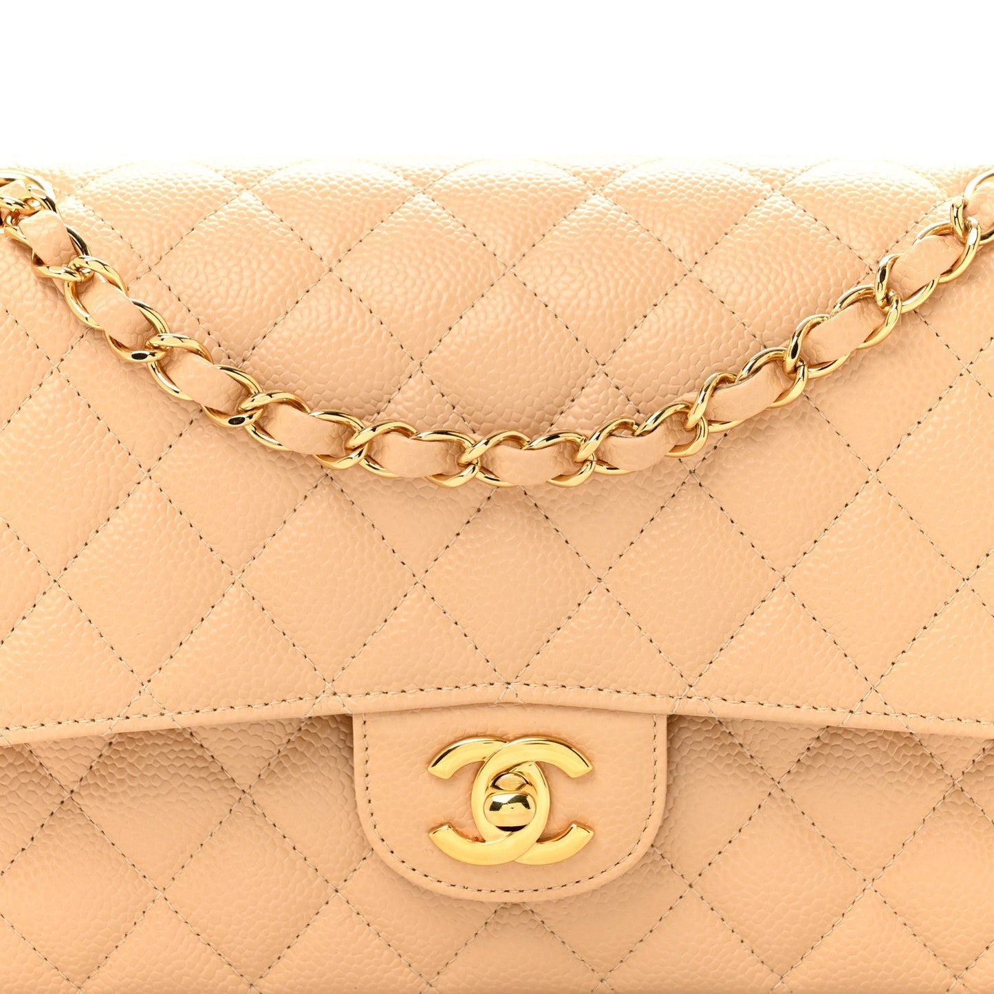 Caviar Quilted Medium Double Flap Beige