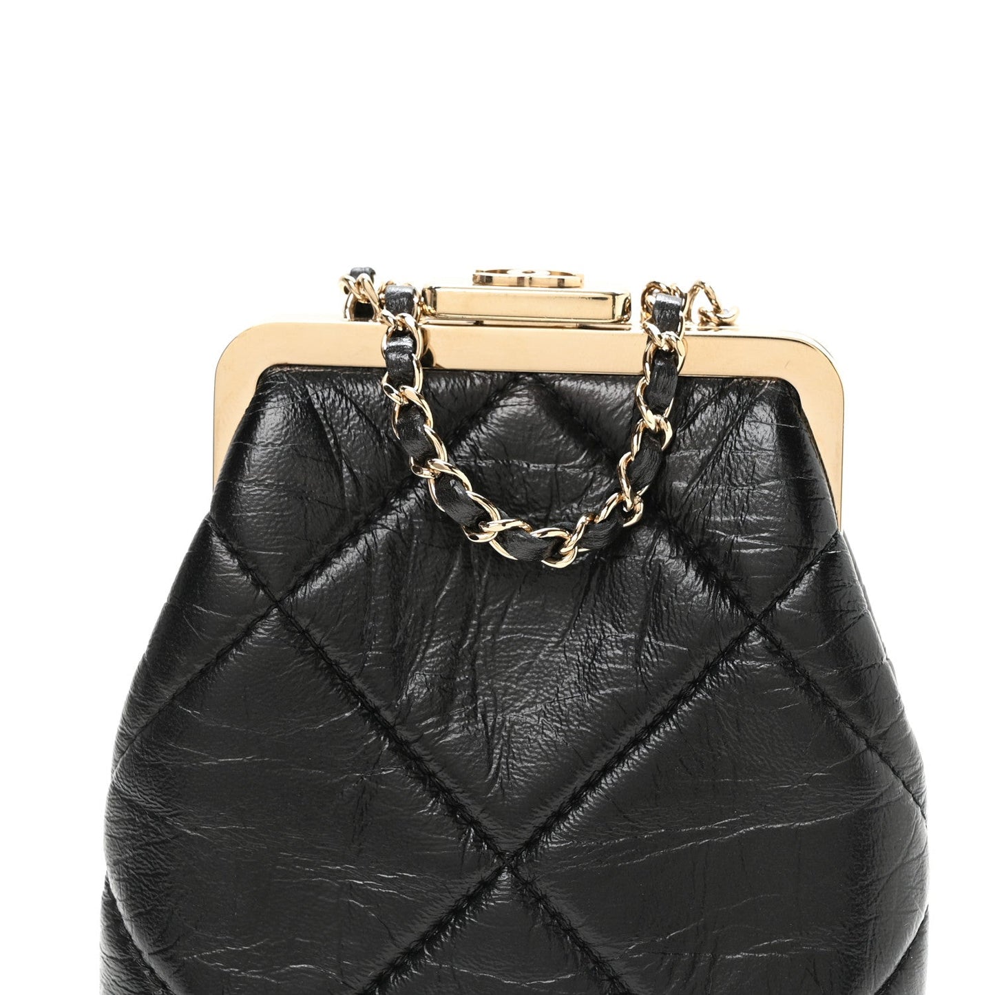Shiny Aged Lambskin Quilted Kiss Lock Clutch With Chain Black