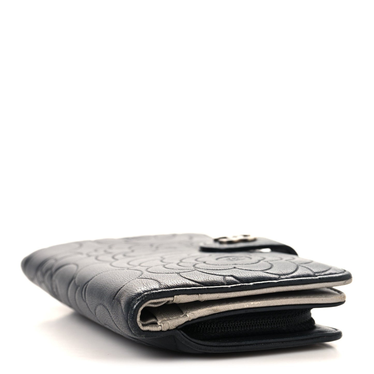 Lambskin Camellia Embossed Zipped Pocket Wallet Black