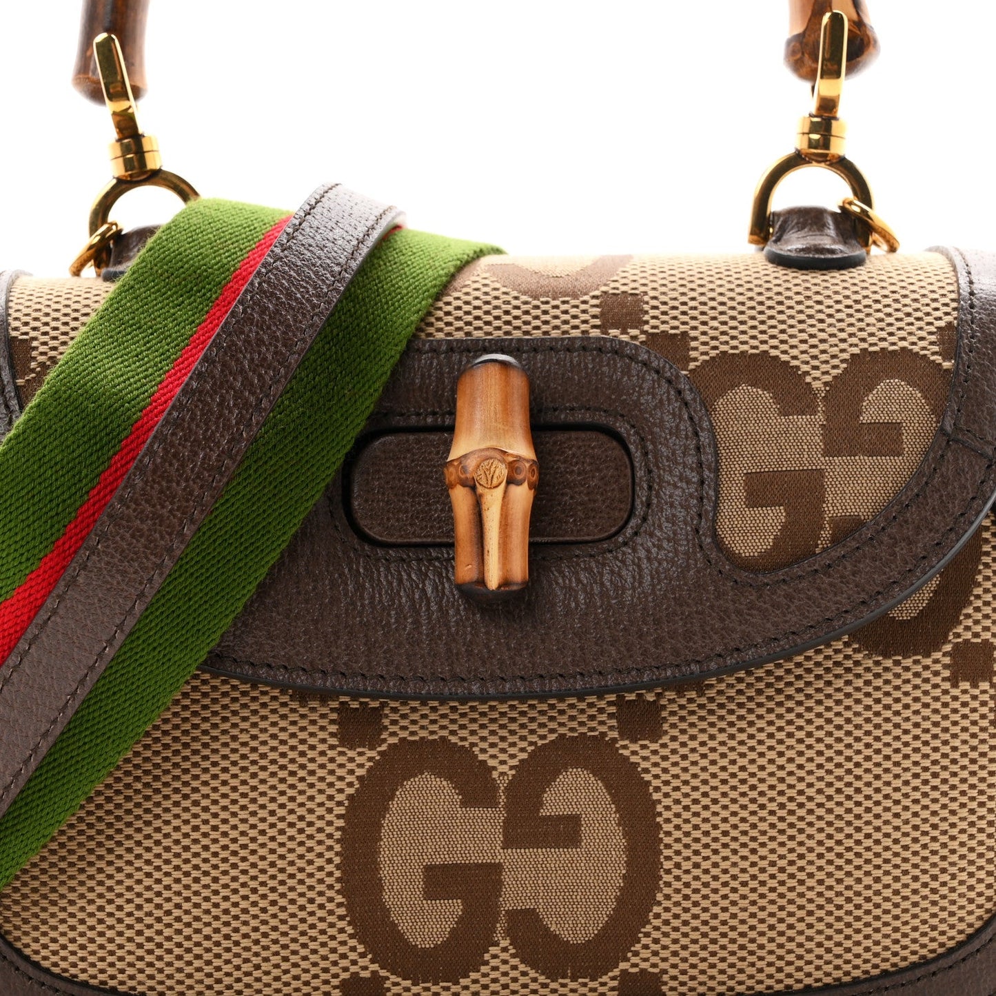 Monogram Jumbo GG Textured Dollar Calfskin Web Small Bamboo 1947 Top Handle Bag Camel Ebony New Acero