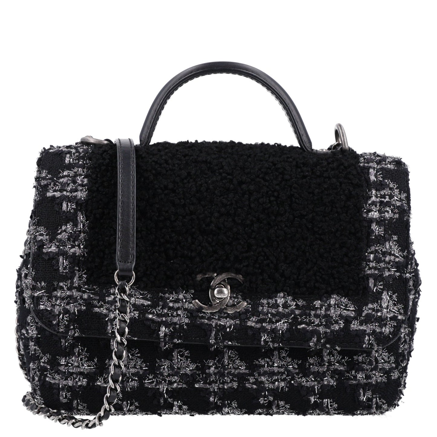 Shearling Tweed Medium Handle Boy Flap Black Grey