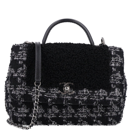 Shearling Tweed Medium Handle Boy Flap Black Grey