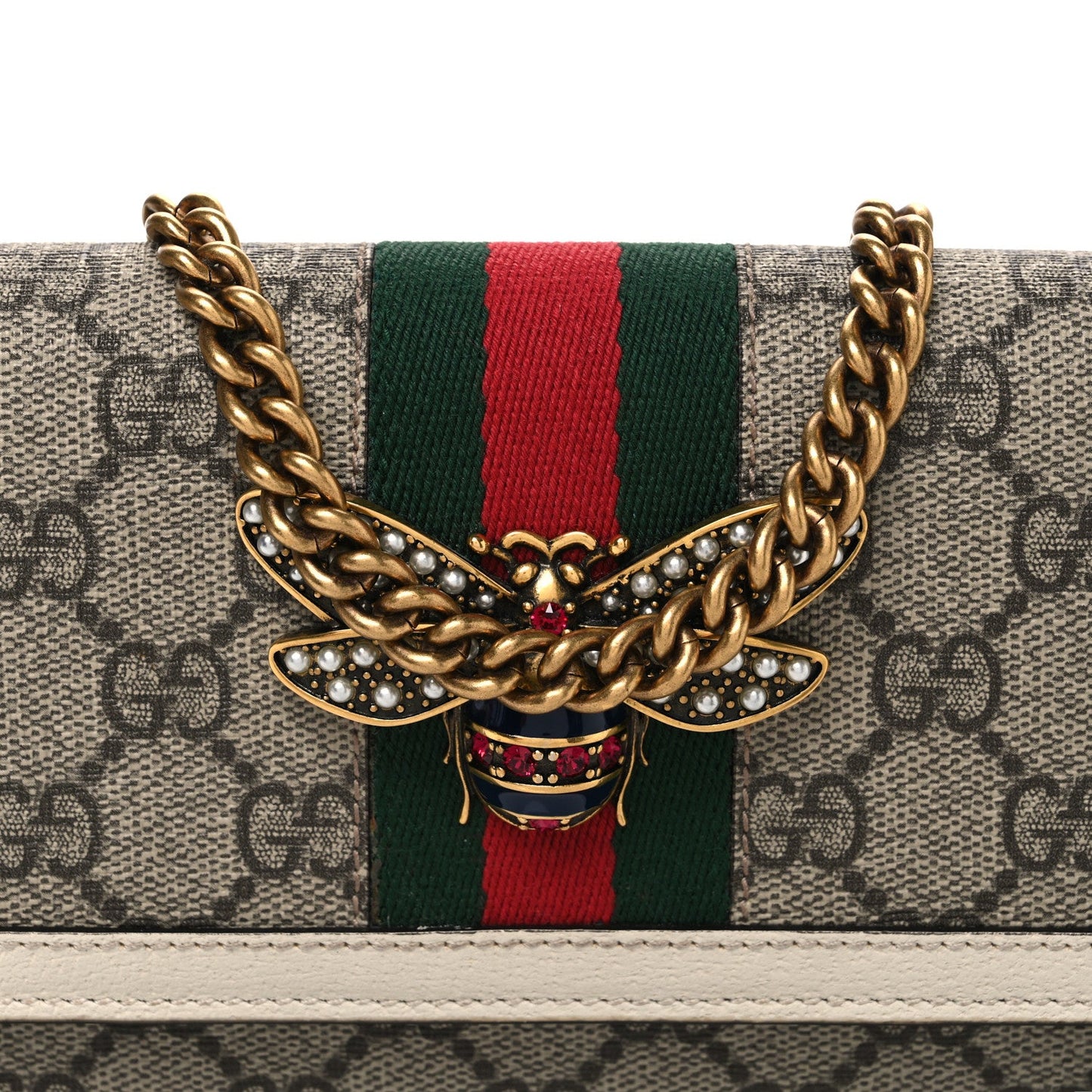 GG Supreme Monogram Web Queen Margaret Chain Wallet White