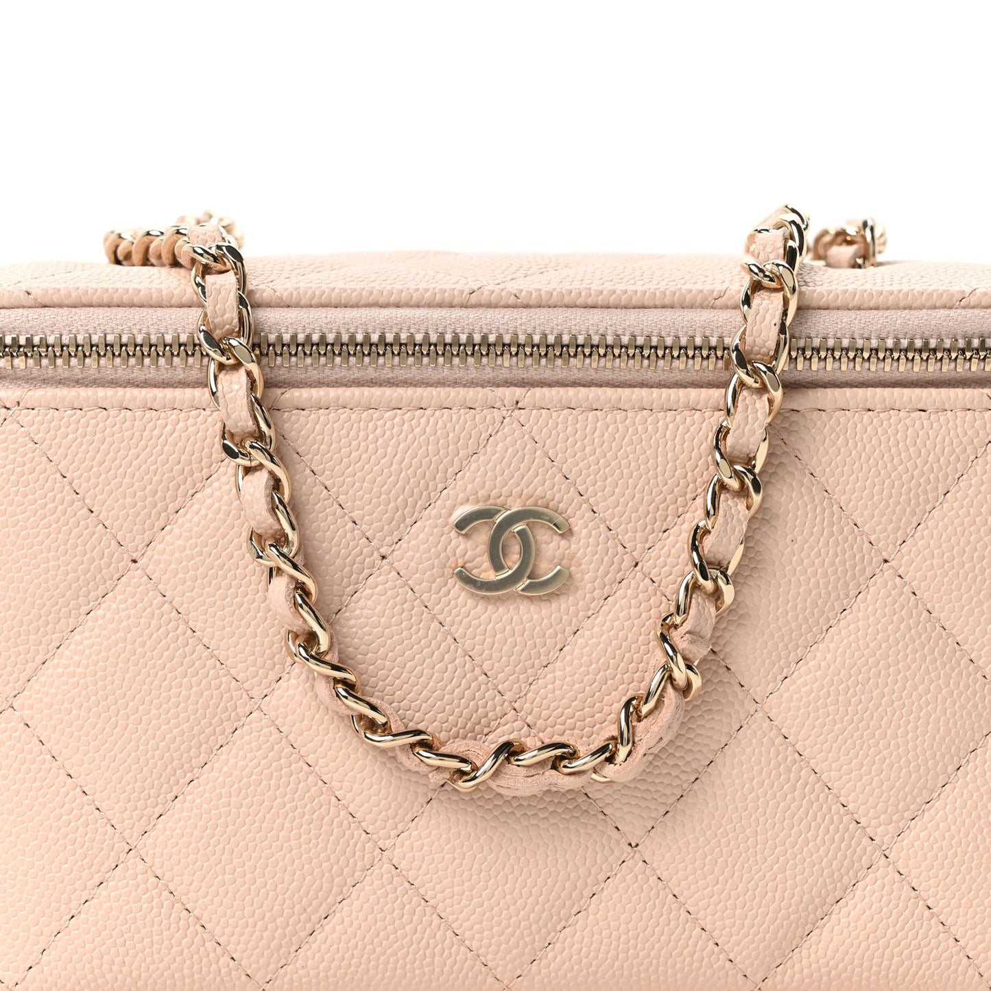 Caviar Quilted Small Vanity Case With Chain Light Beige
