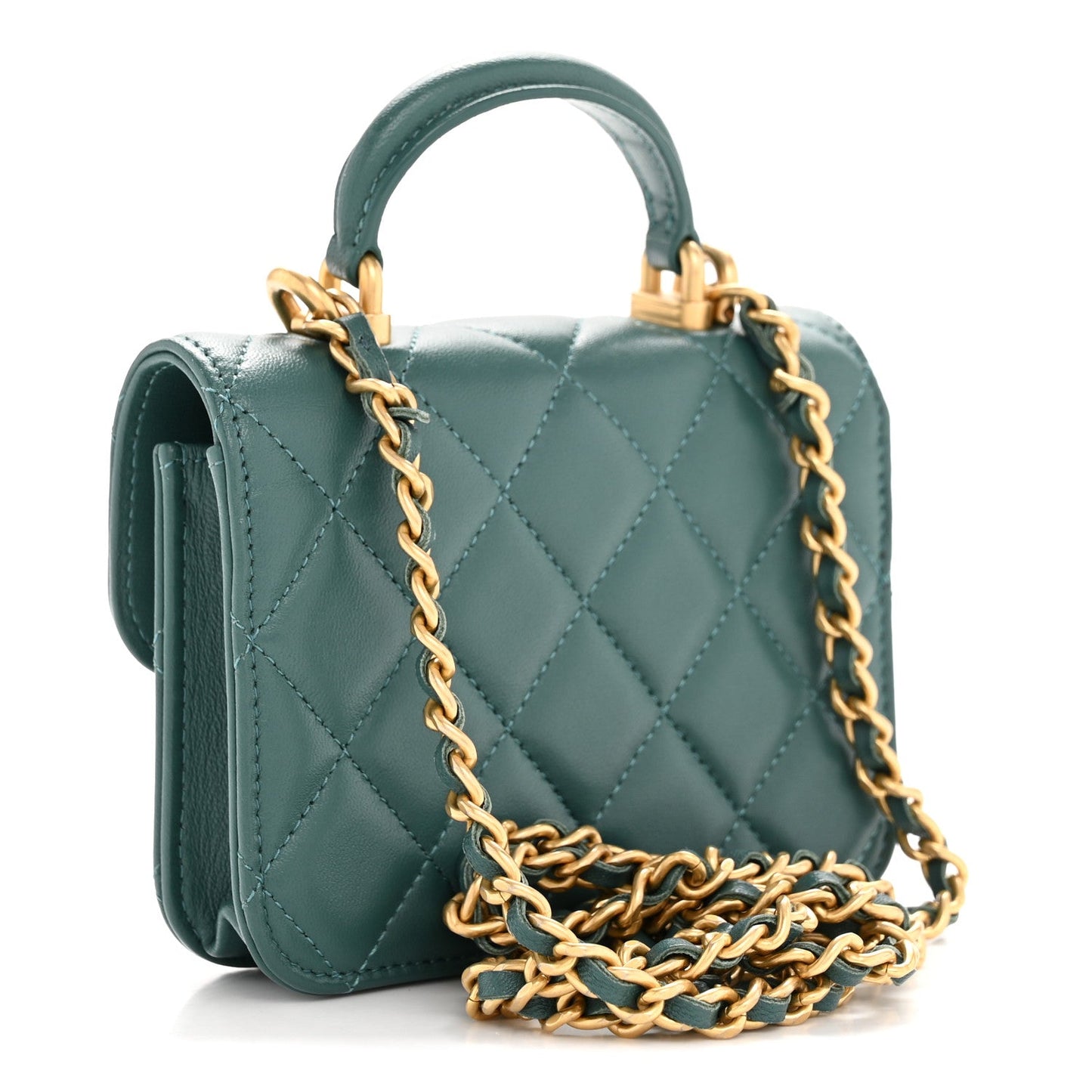 Lambskin Quilted Top Handle Flap Coin Purse With Chain Green