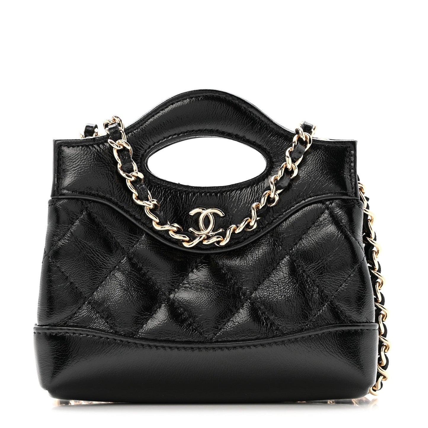 Shiny Lambskin Quilted Micro 31 Clutch With Chain Black