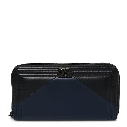 Calfskin Large Bi-Color Zip Around Boy Wallet Black Navy