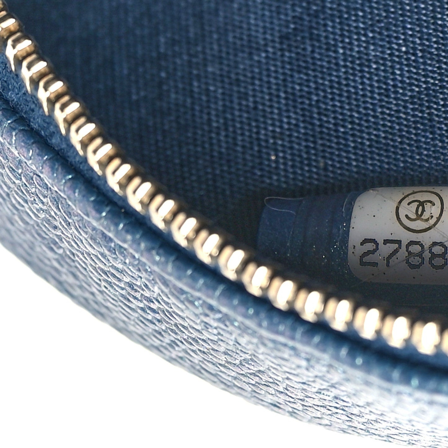 Iridescent Caviar Quilted Round Clutch With Chain Blue