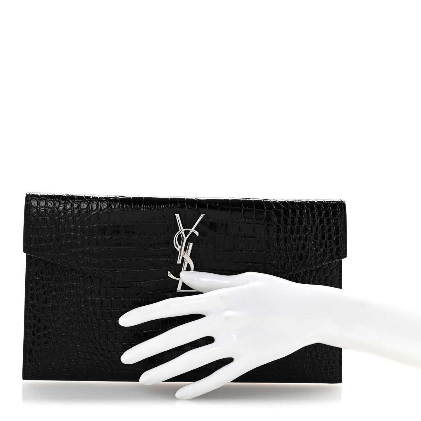 Calfskin Crocodile Embossed Uptown Monogram Clutch Black