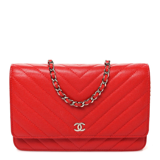Caviar Chevron Quilted Wallet On Chain WOC Red