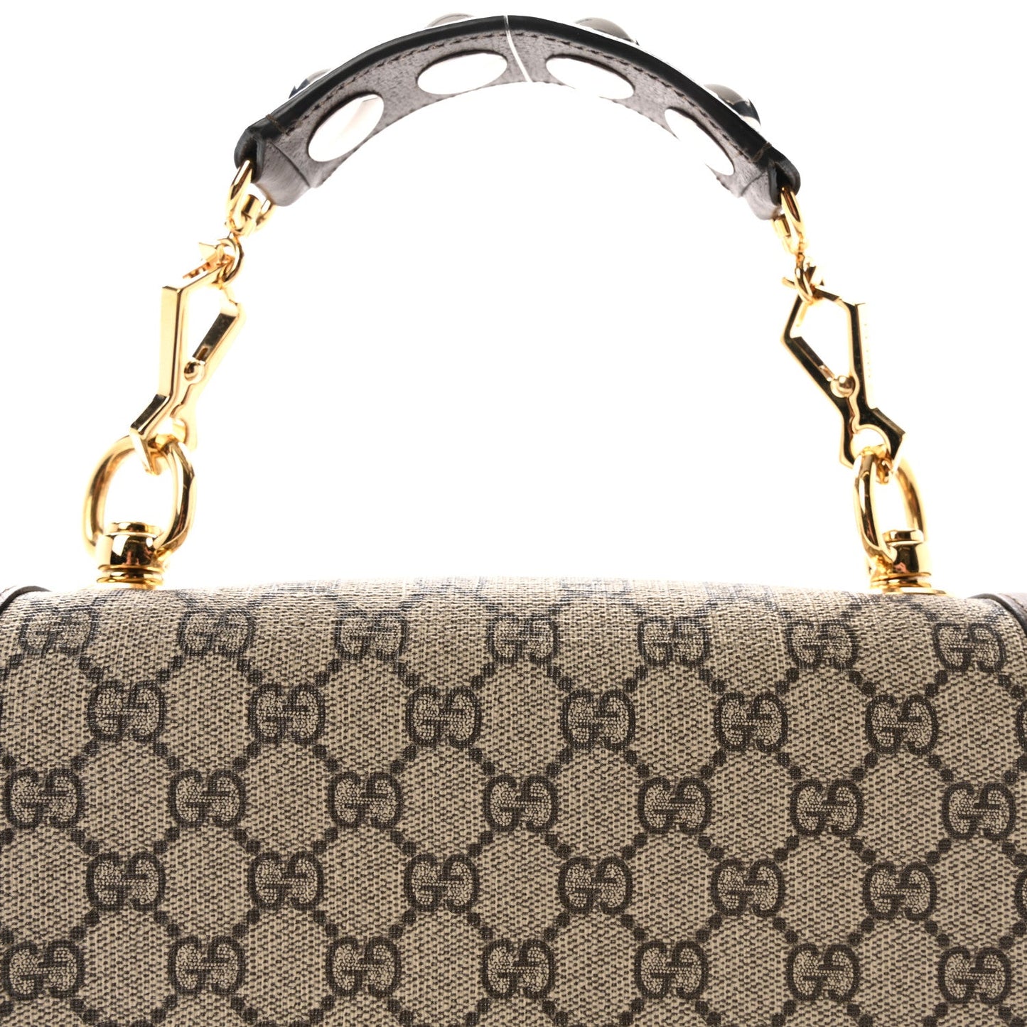 GG Supreme Monogram Textured Dollar Calfskin Web Medium Blondie Top Handle Shoulder Flap Bag Beige Ebony New Acero