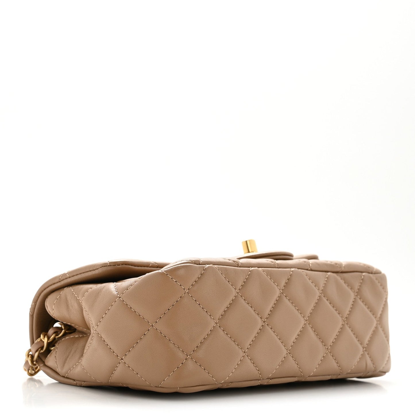 Lambskin Quilted Mini Rectangular Pearl Crush Flap Beige