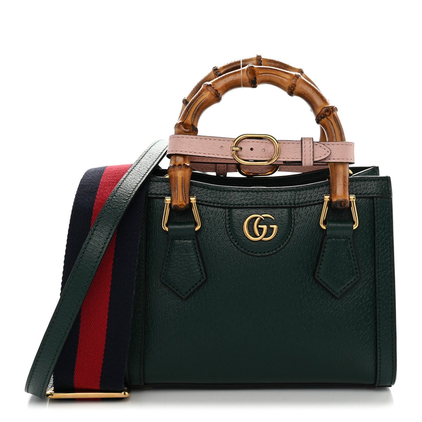 Textured Dollar Calfskin Web Mini Diana Tote Bag Vintage Green Pink
