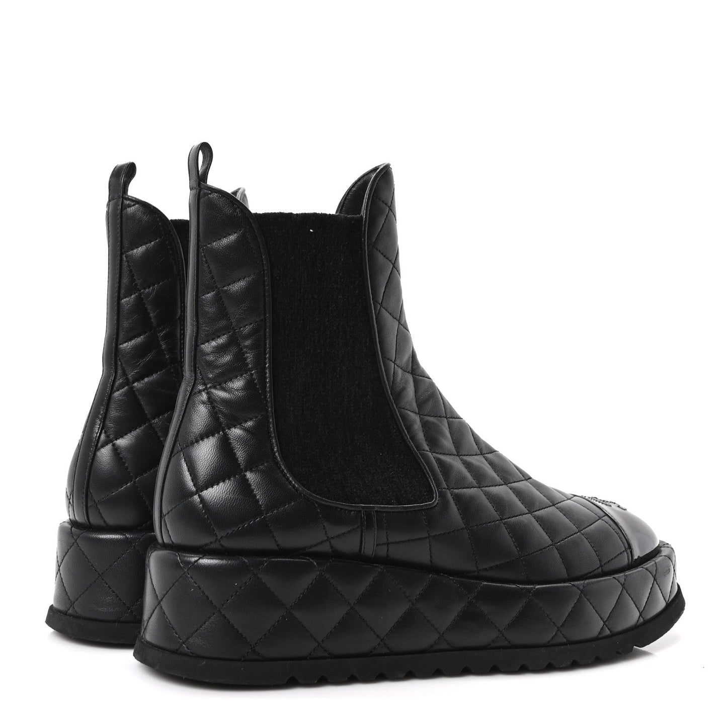 Lambskin Patent CC Cap Toe Quilted Short Platform Boots 39 Black
