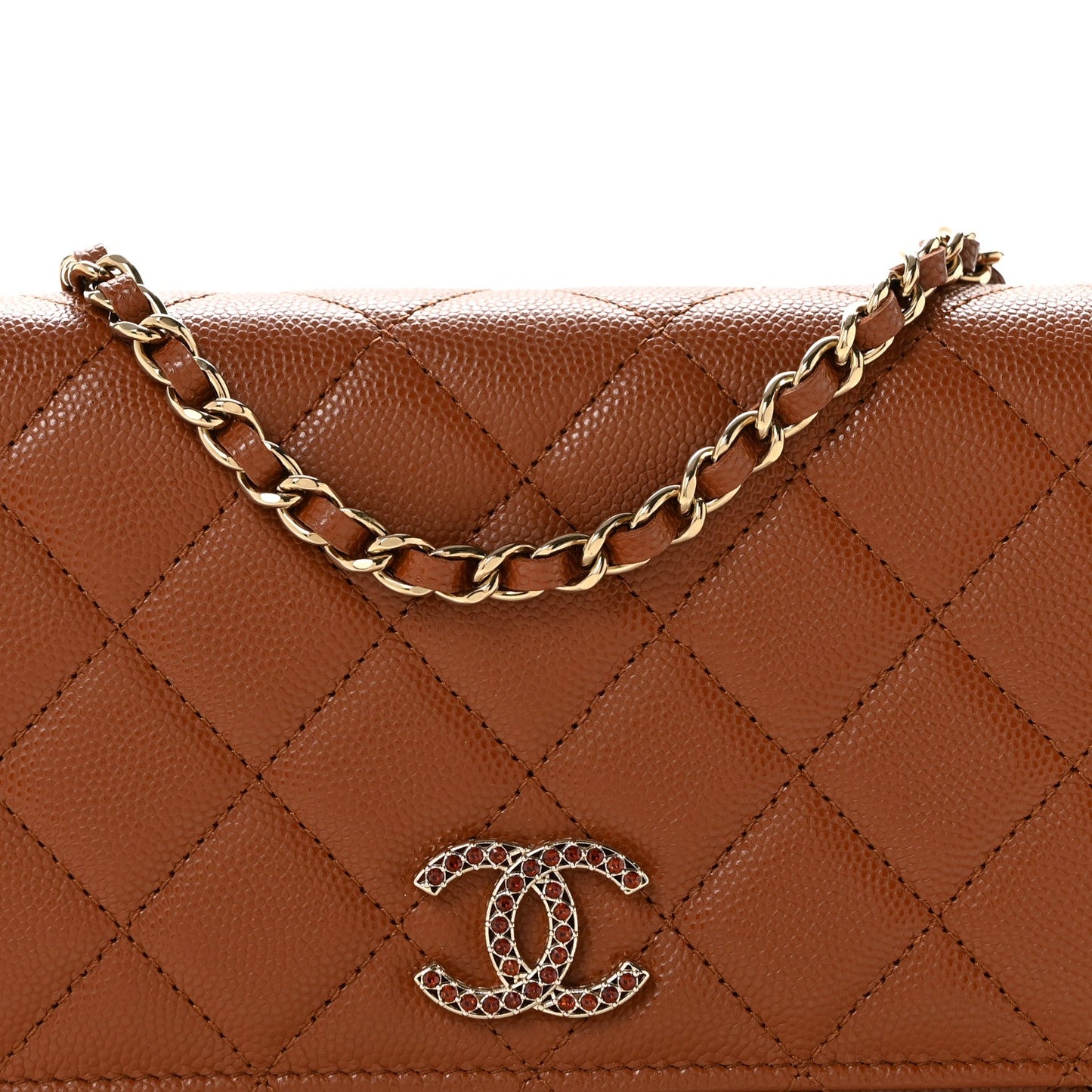 Shiny Caviar Quilted Strass Wallet On Chain WOC Light Brown