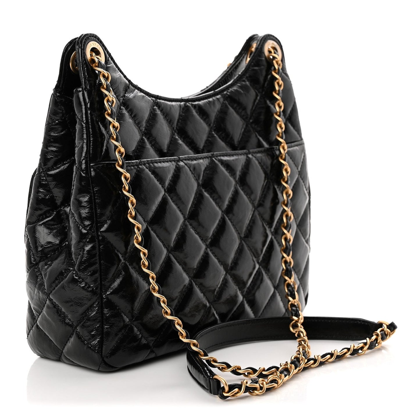 Shiny Crumpled Calfskin Quilted Wavy CC Hobo Black