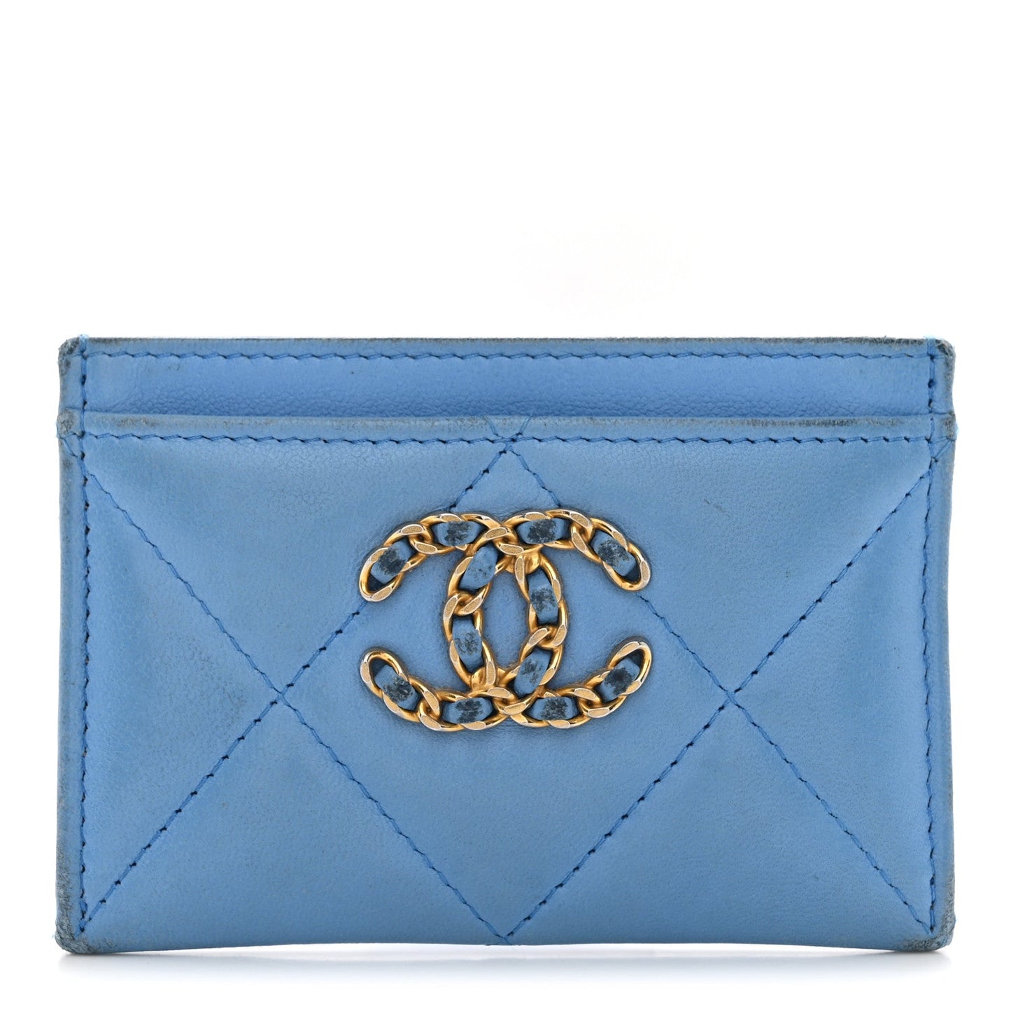 Lambskin Quilted Chanel 19 Card Holder Light Blue