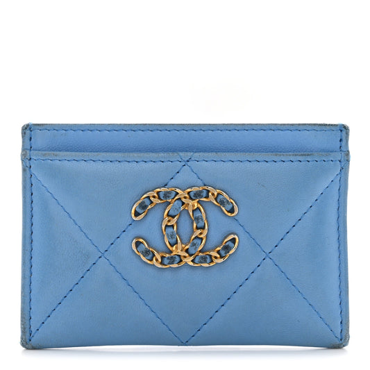 Lambskin Quilted Chanel 19 Card Holder Light Blue