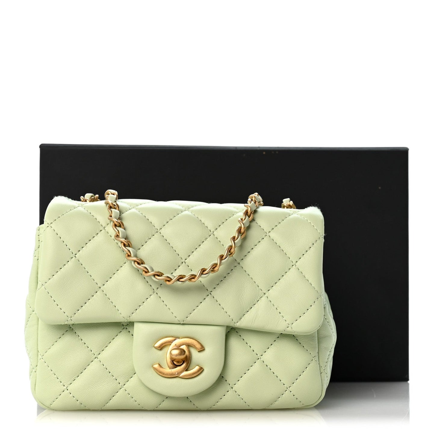 Lambskin Quilted Mini Pearl Crush Flap Light Green