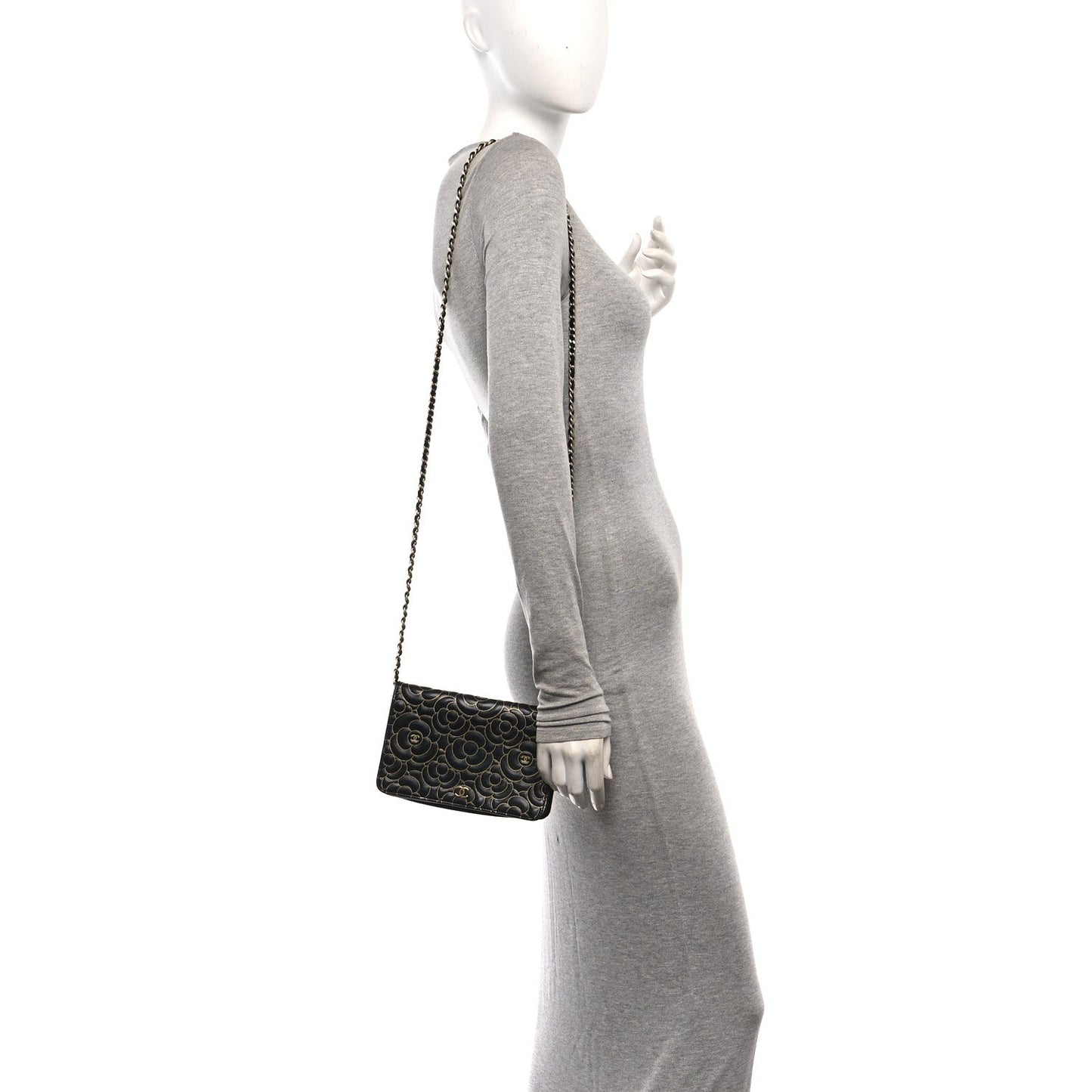 Lambskin Camellia Embossed Wallet On Chain WOC Black Gold