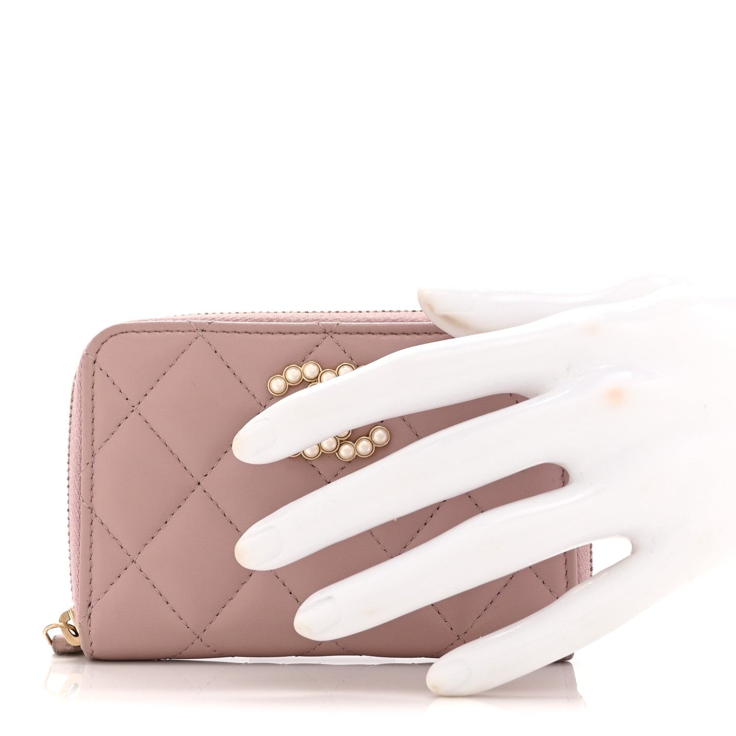 Lambskin Quilted Pearl CC Zip Around Coin Purse Wallet Pink