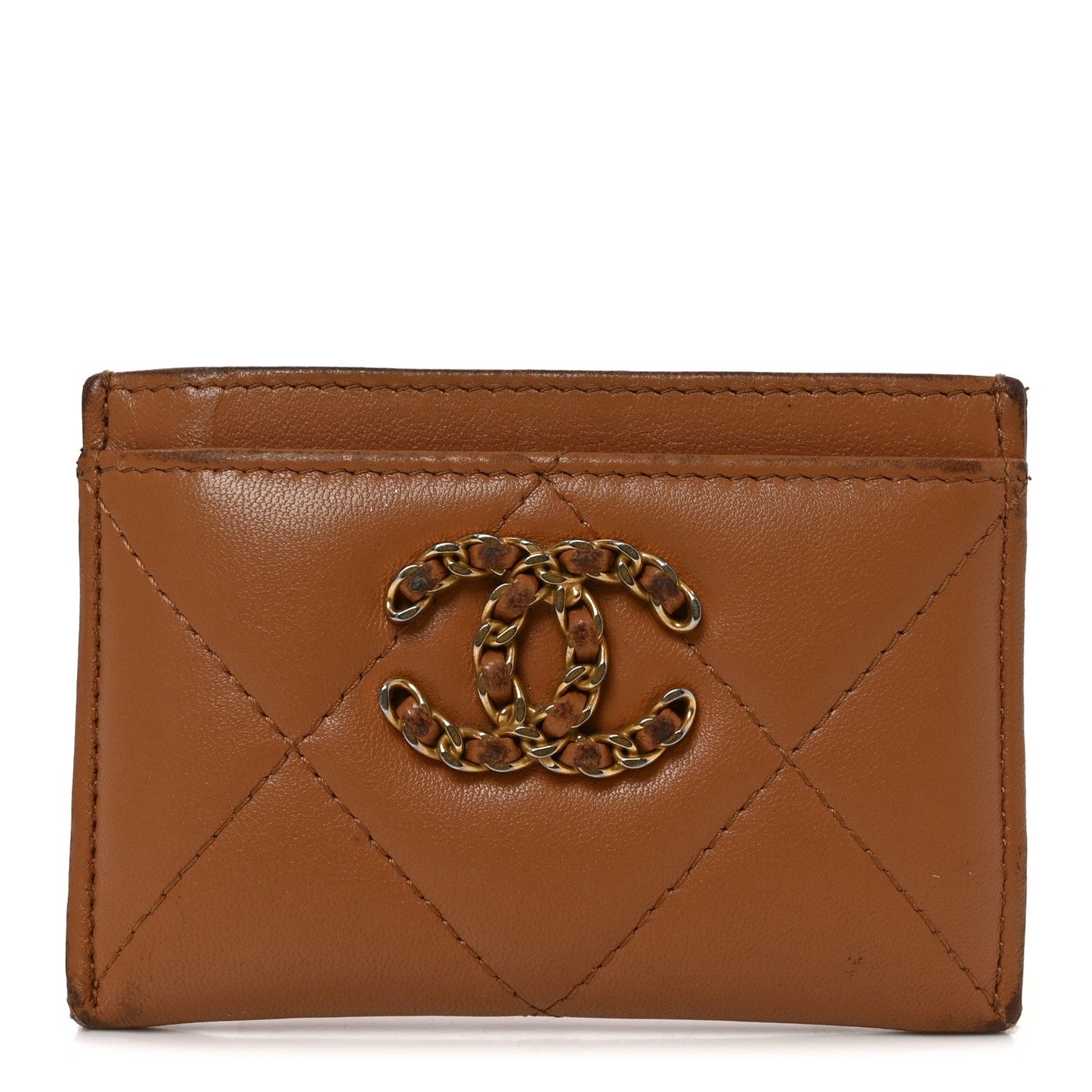 Lambskin Quilted Chanel 19 Card Holder Brown