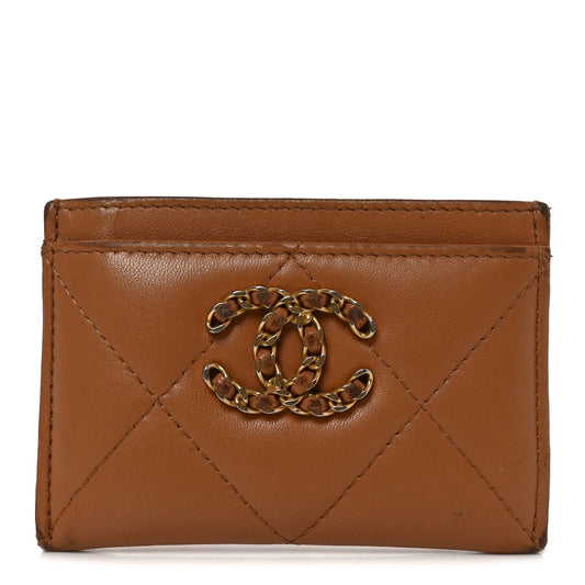 Lambskin Quilted Chanel 19 Card Holder Brown