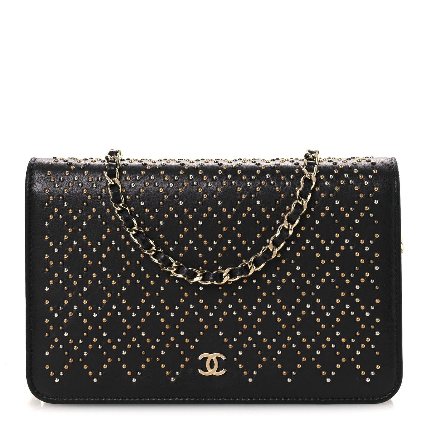 Lambskin Studded Wallet on Chain WOC Grey