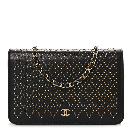 Lambskin Studded Wallet on Chain WOC Grey