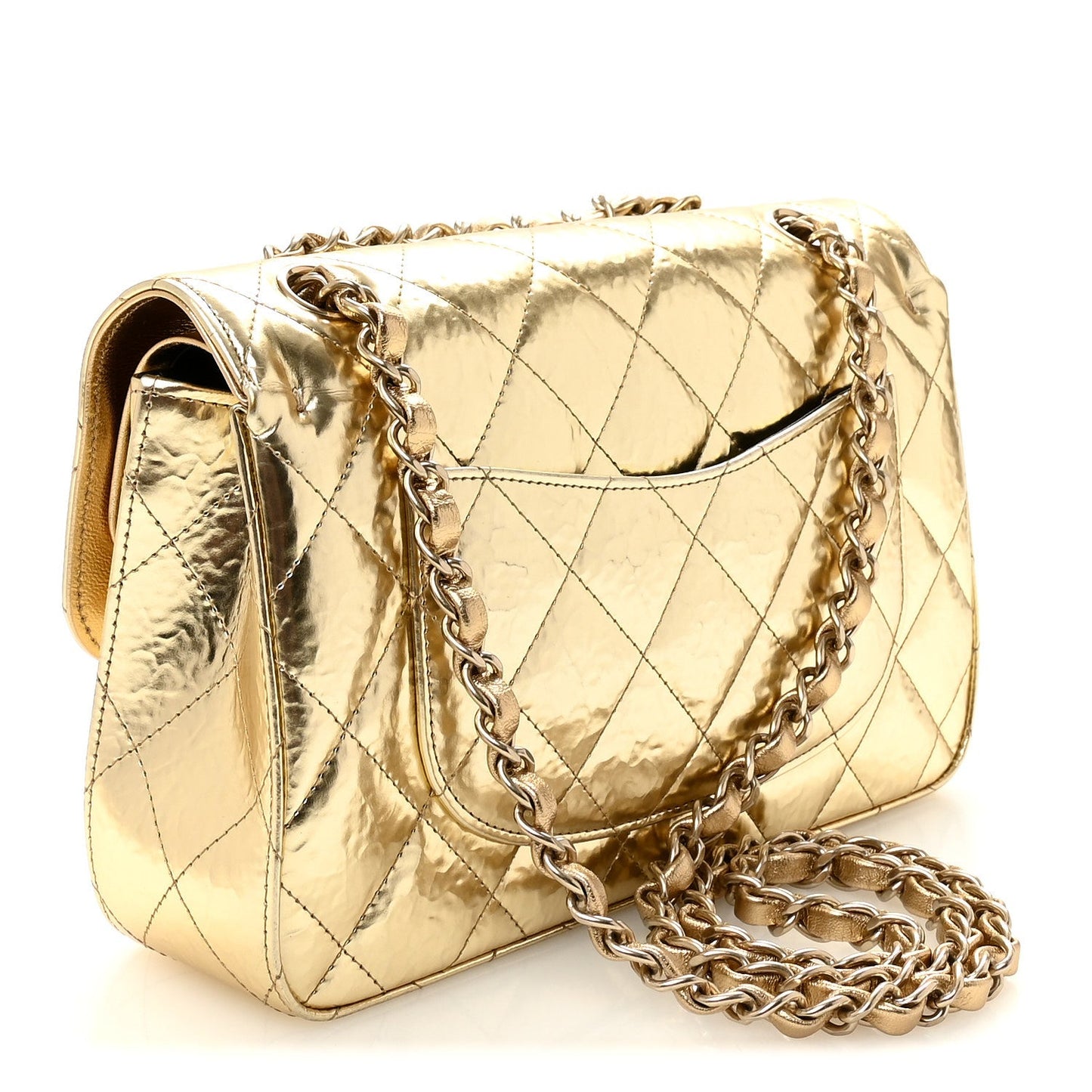 Hammered Metallic Calfskin Quilted Small Double Flap Gold
