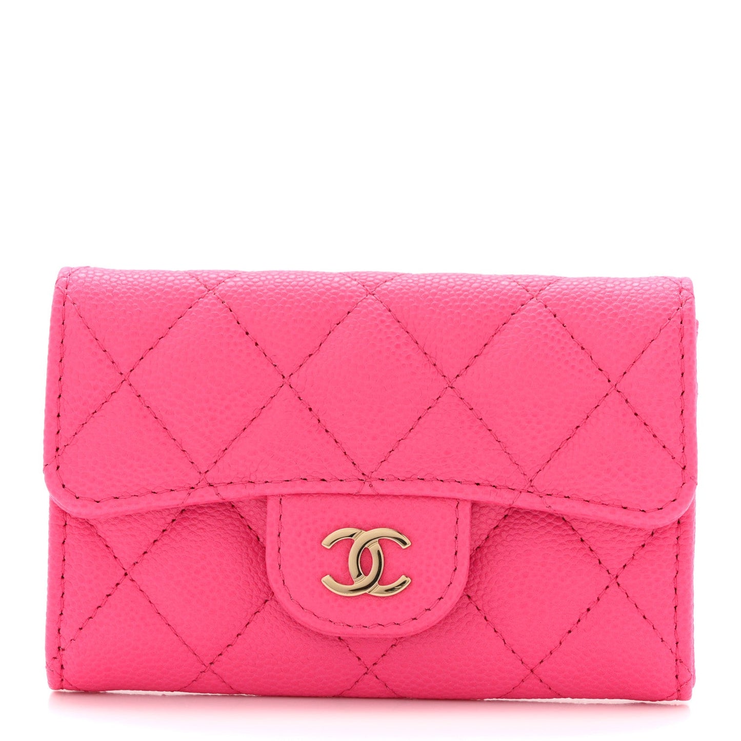 Caviar Quilted Flap Card Holder Wallet Pink