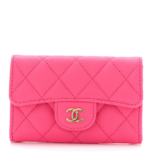 Caviar Quilted Flap Card Holder Wallet Pink