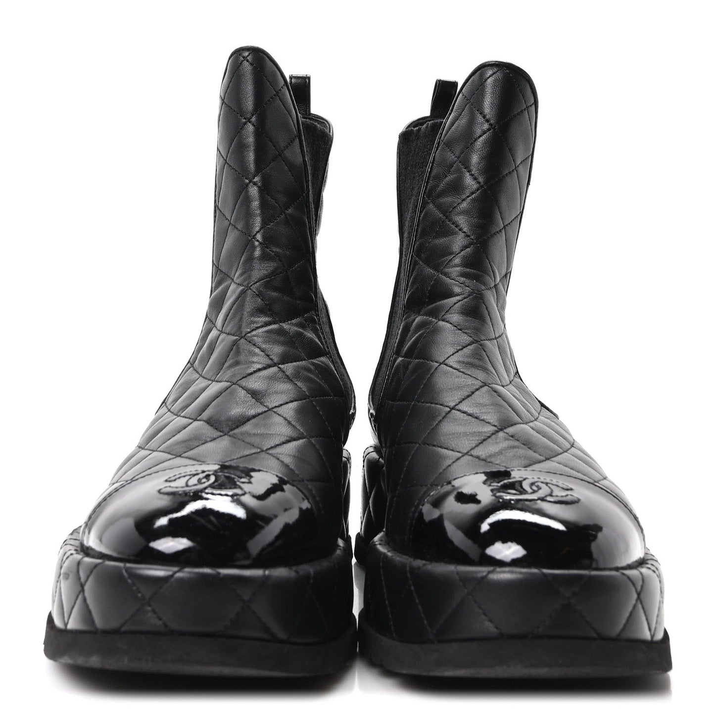 Lambskin Patent CC Cap Toe Quilted Short Platform Boots 39 Black