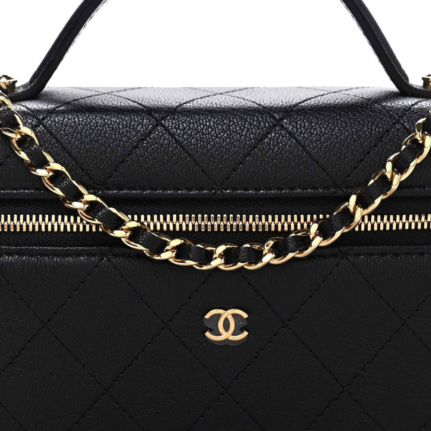 Goatskin Stitched Top Handle Slim Vanity With Chain Black