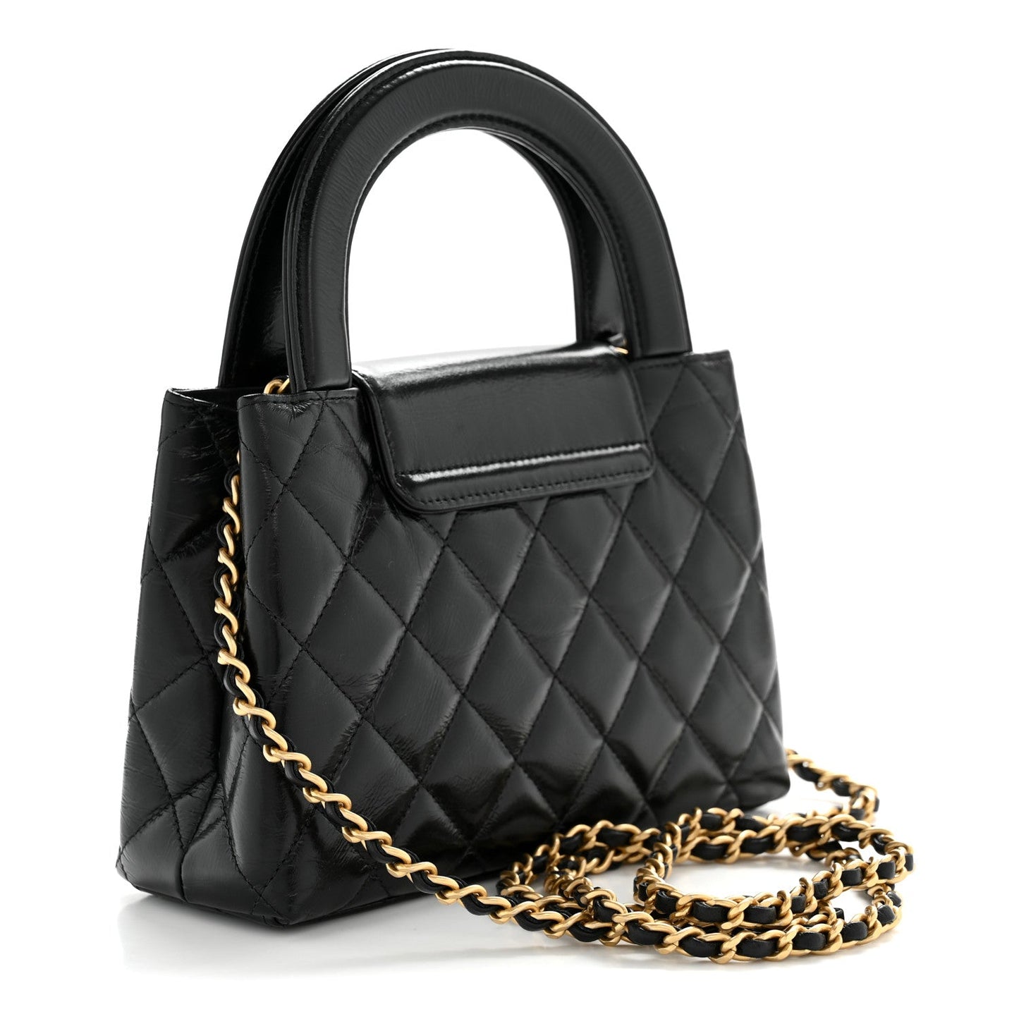 Shiny Aged Calfskin Quilted Nano Kelly Shopper Black