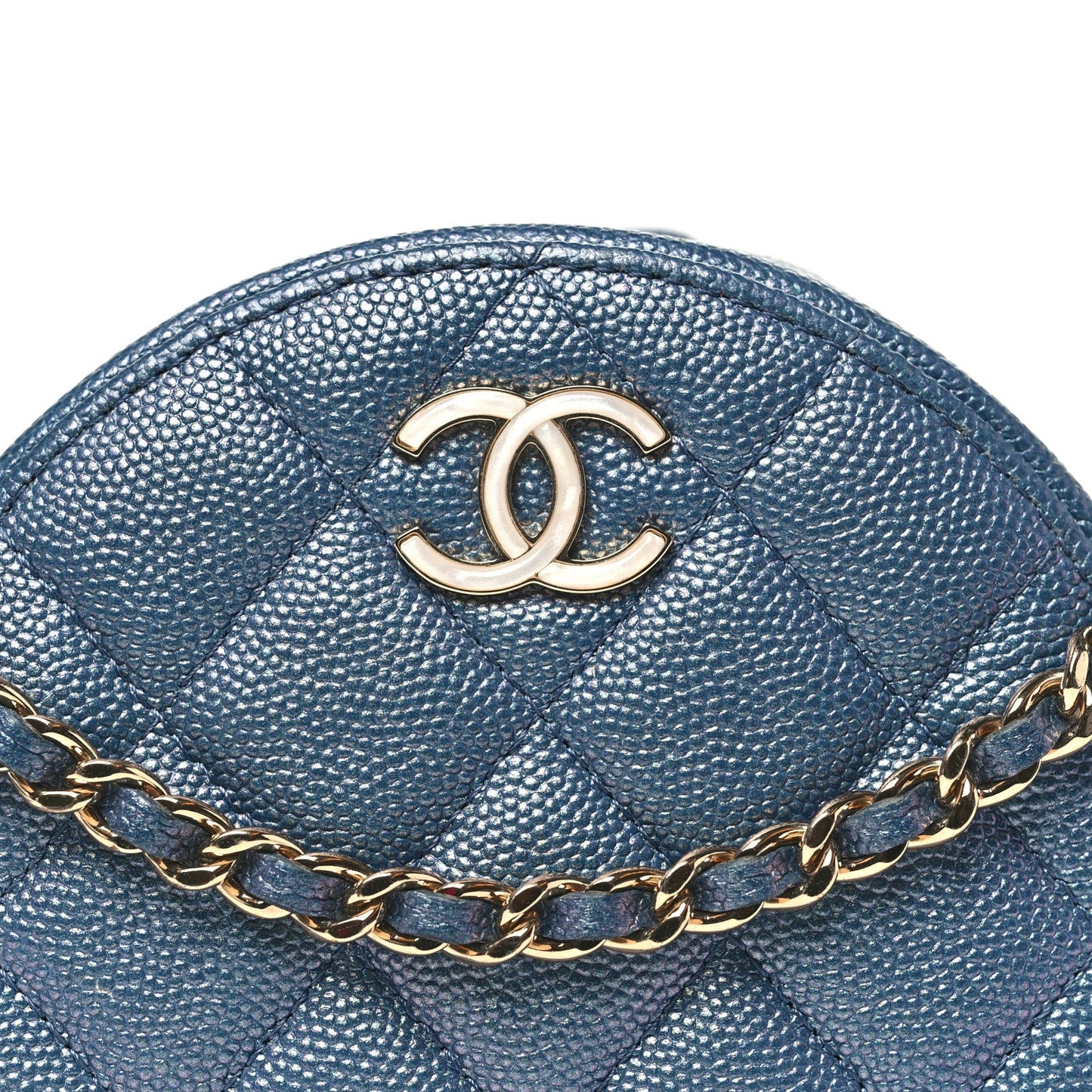 Iridescent Caviar Quilted Round Clutch With Chain Blue