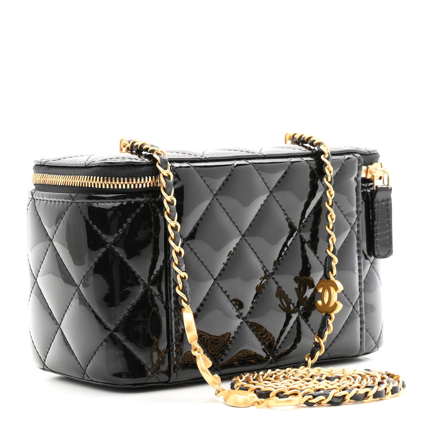 Patent Enamel Quilted Small Coco Hearts Vanity Case With Chain Black