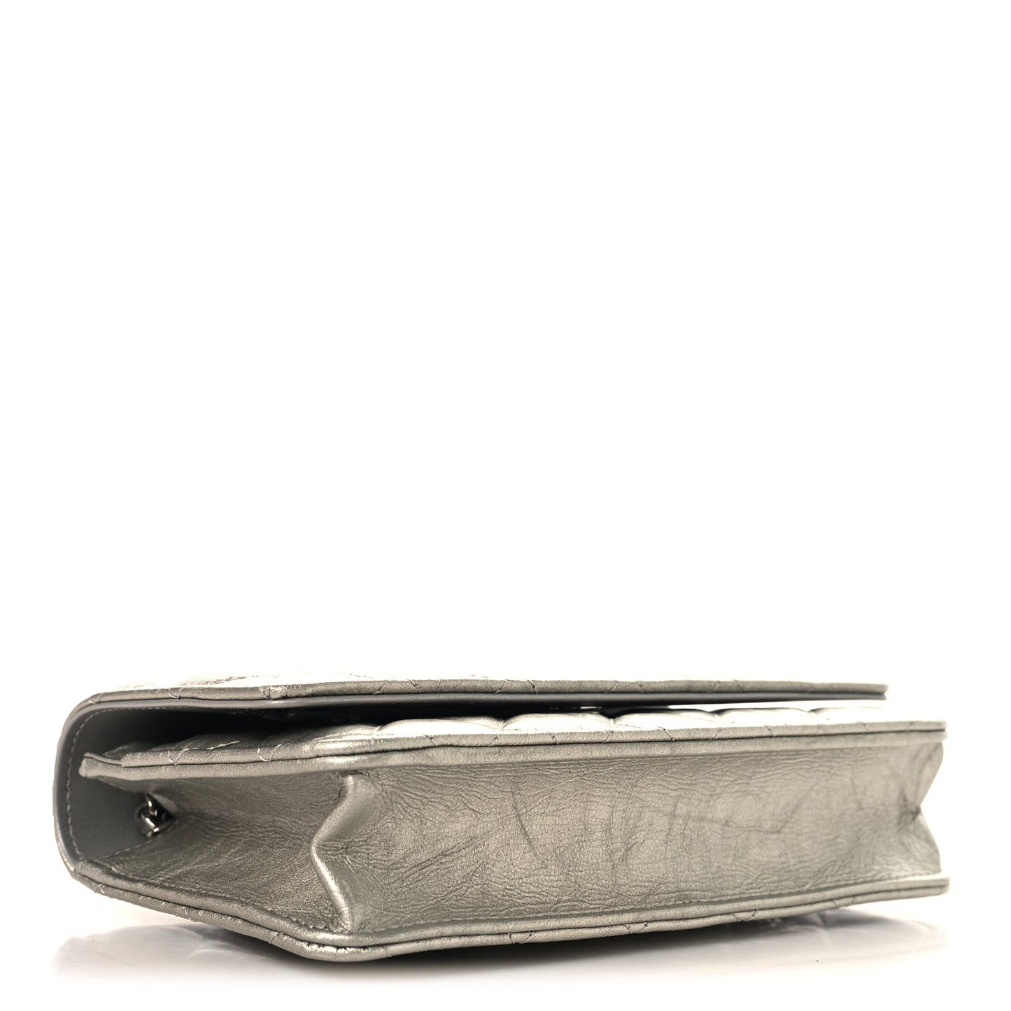 Metallic Crumpled Calfskin Quilted Flap Charm Wallet On Chain WOC Silver