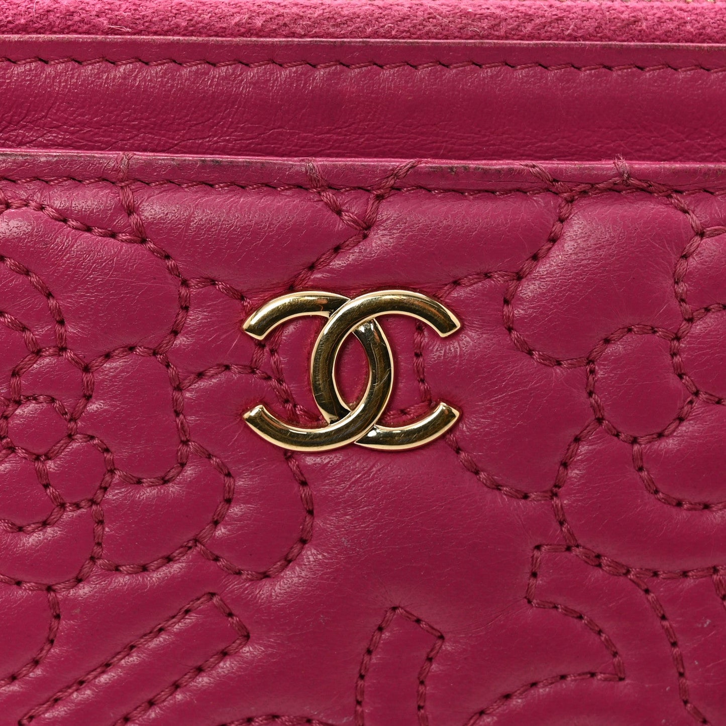 Lambskin Camellia Embossed Classic Zip Pouch Pink