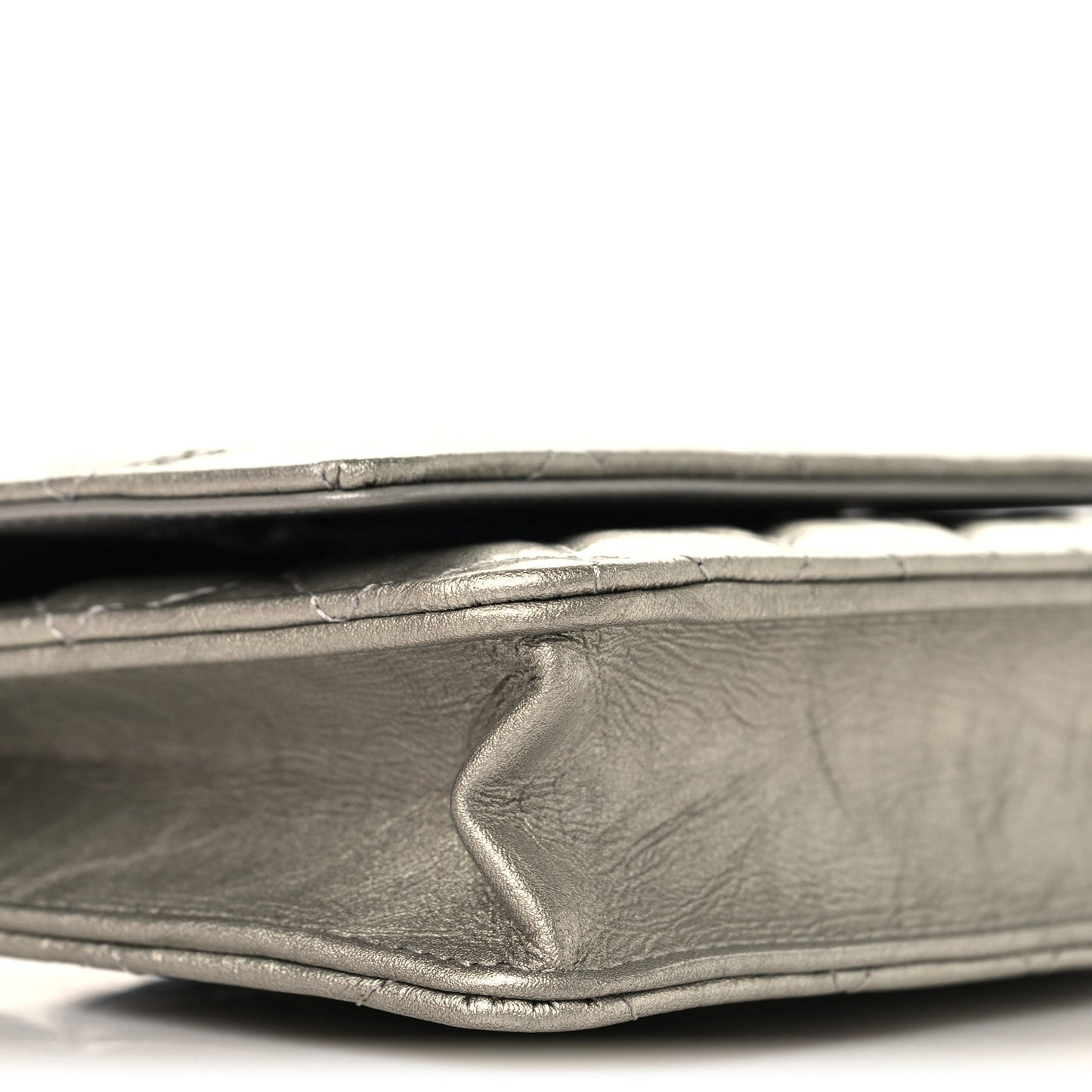 Metallic Crumpled Calfskin Quilted Flap Charm Wallet On Chain WOC Silver