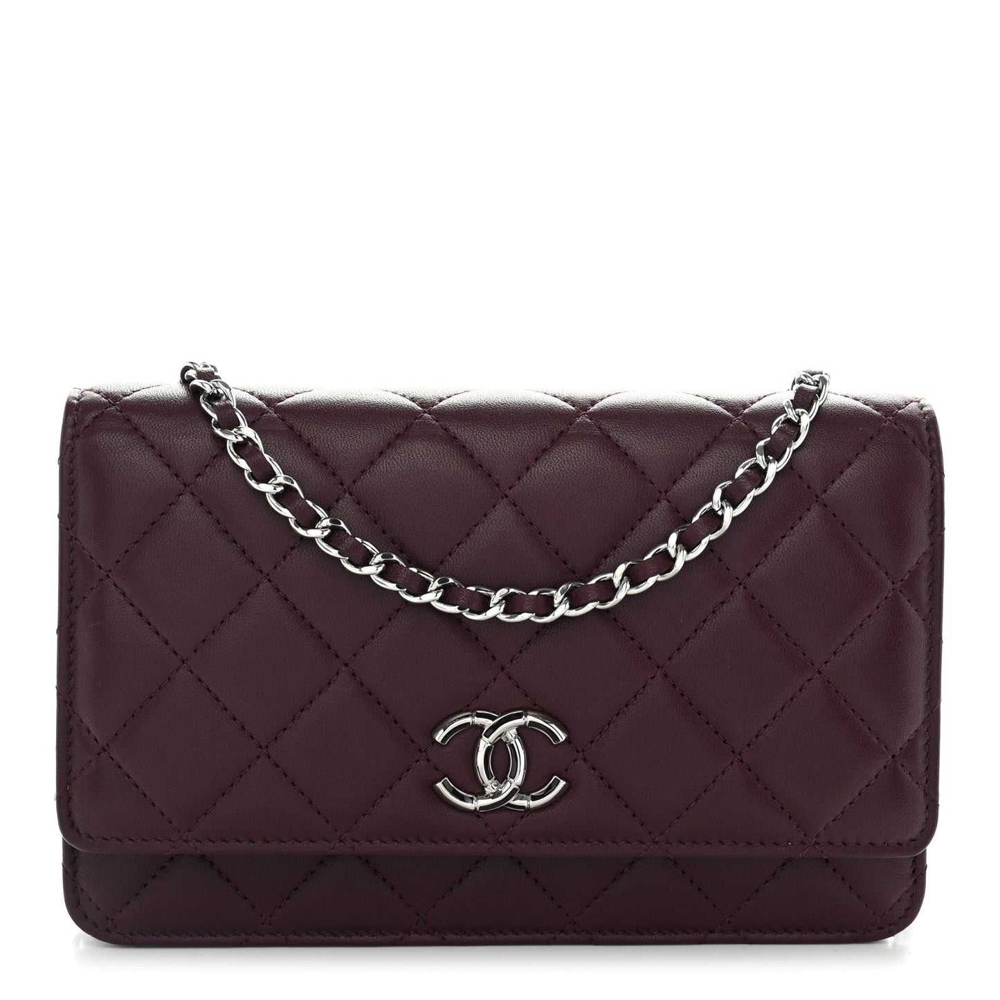 Lambskin Quilted Enamel CC Wallet On Chain WOC Burgundy