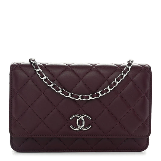 Lambskin Quilted Enamel CC Wallet On Chain WOC Burgundy