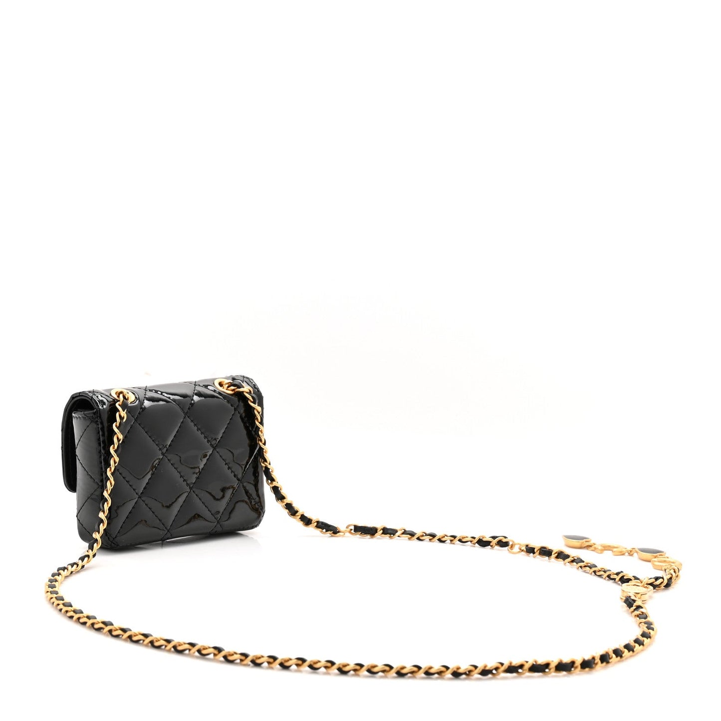 Patent Enamel Quilted Coco Hearts Clutch With Chain Black