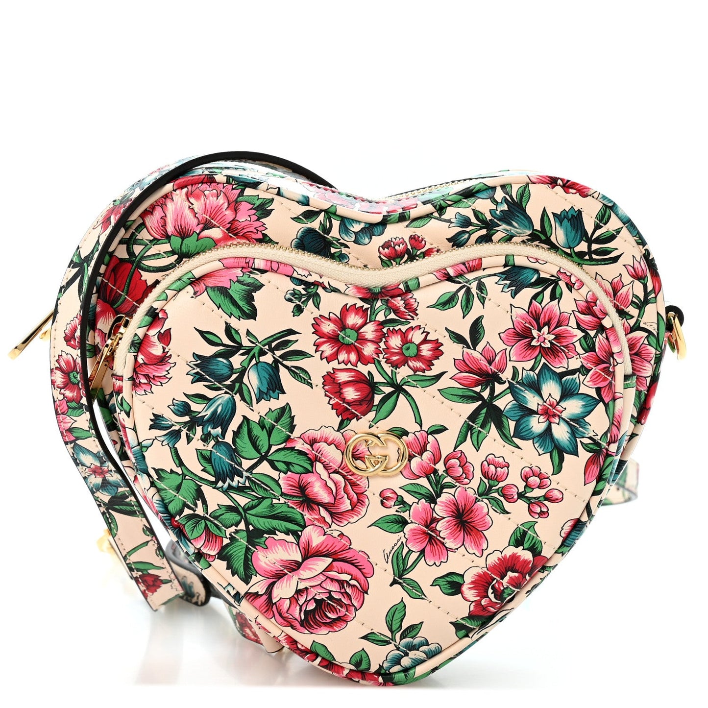 Calfskin Matelasse Diagonal Brit Roses Print Mini Interlocking G Heart Shoulder Bag  White Multicolor