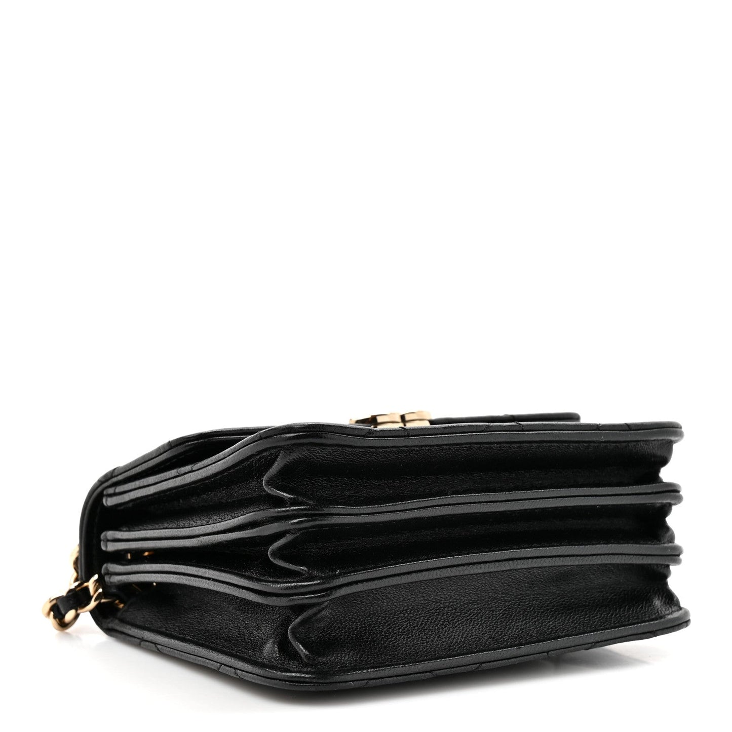 Lambskin Metal Quilted Top Handle Flap Clutch With Chain Black