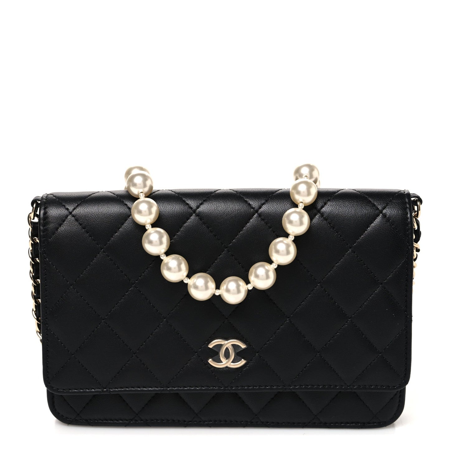 Lambskin Quilted Pearl Wallet On Chain WOC Black