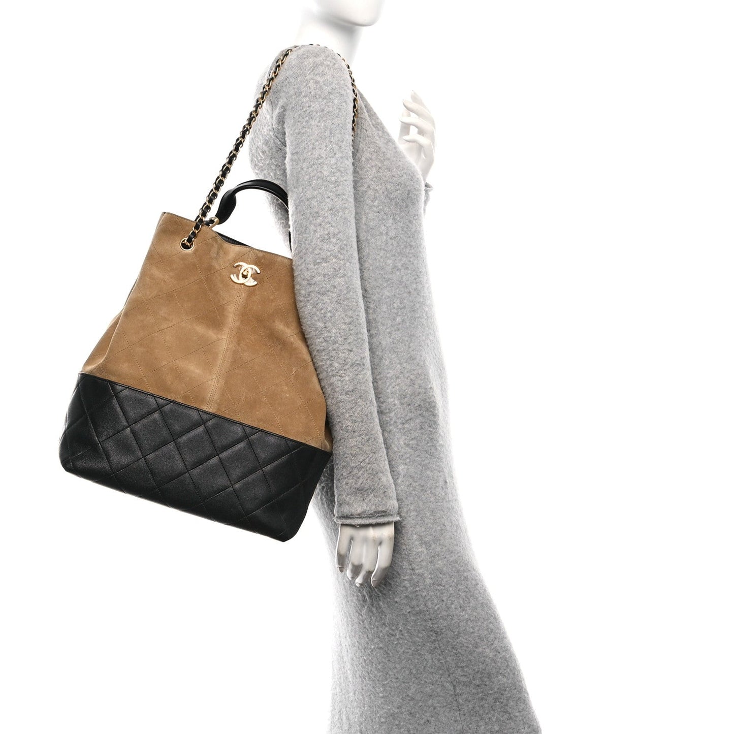 Suede Calfskin Shiny Lambskin Quilted Large Coco Base Shopping Bag Beige Black