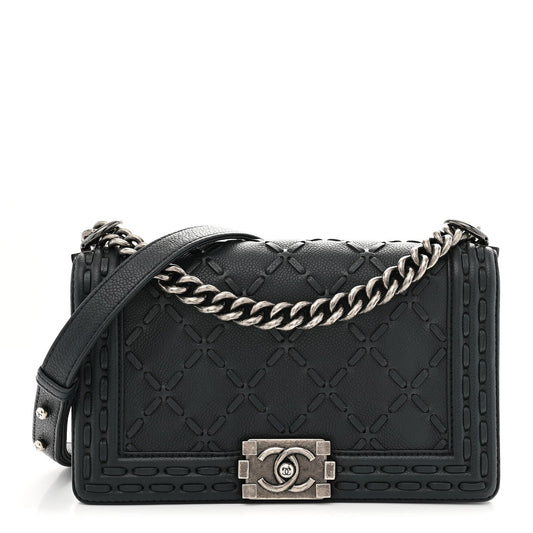 Caviar Stitched Medium Boy Flap Blue