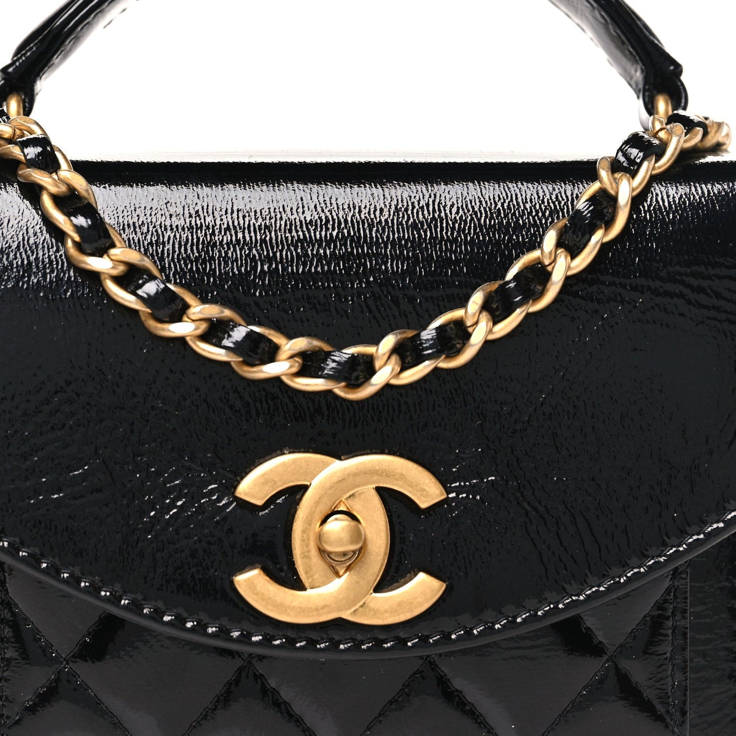 Shiny Lambskin Quilted Top Handle Card Holder On Chain Black