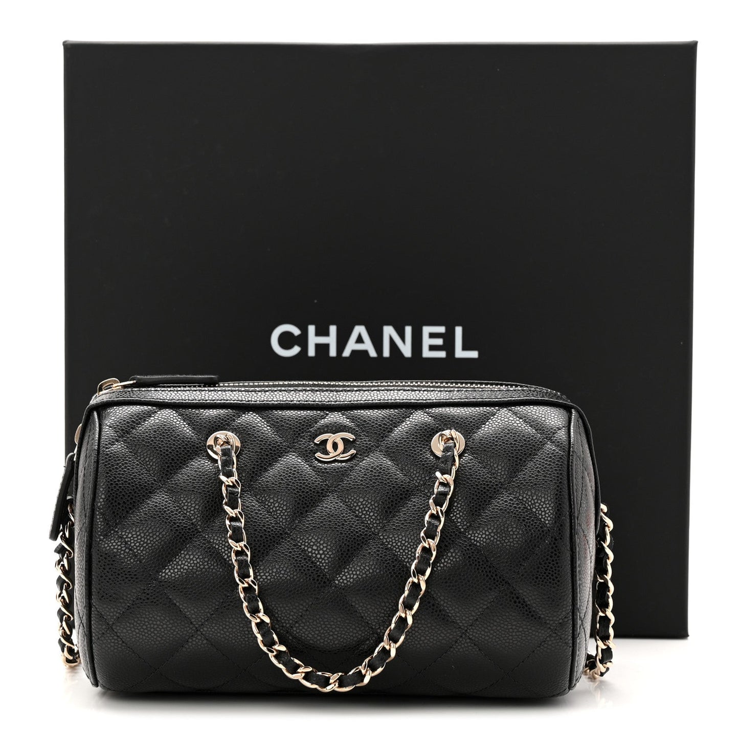 Caviar Quilted Barrel Clutch With Chain Black